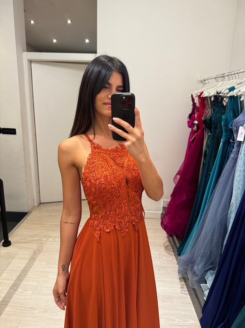 Abito cerimonia scollo americano pizzo e strass