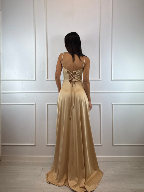 Abito cerimonia raso corsetto intrecciato dietro