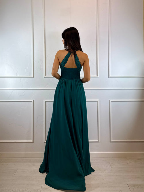 Abito cerimonia scollo americano pizzo e strass