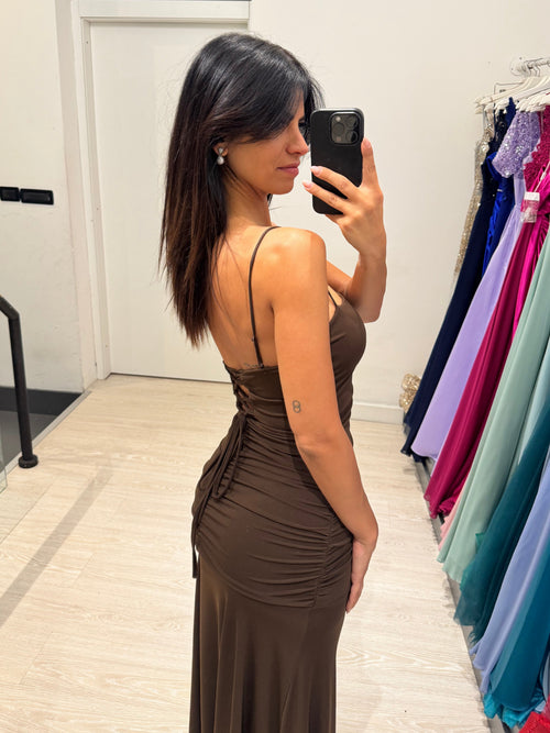 Vestito lungo arricciato con incrocio schiena