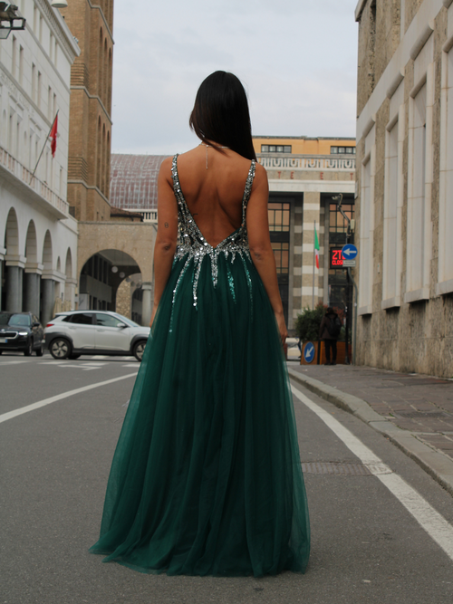 Abito cerimonia paillettes gonna tulle spacco