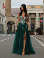 Abito cerimonia paillettes gonna tulle spacco