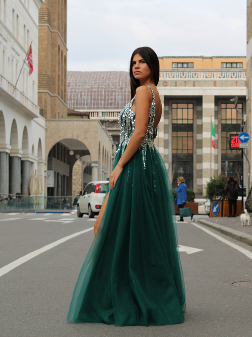 Abito cerimonia paillettes gonna tulle spacco