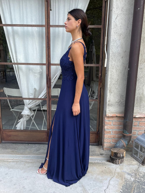 Abito cerimonia eva spacco corpetto pizzo e strass