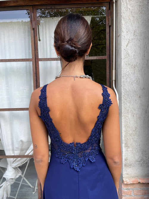 Abito cerimonia eva spacco corpetto pizzo e strass