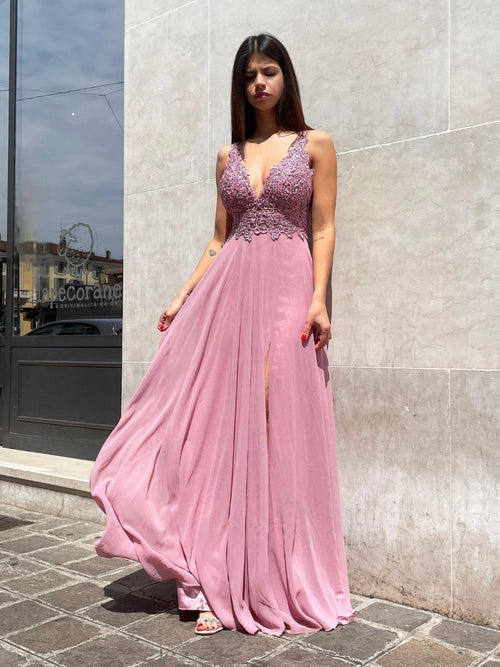 Abito cerimonia eva spacco corpetto pizzo e strass