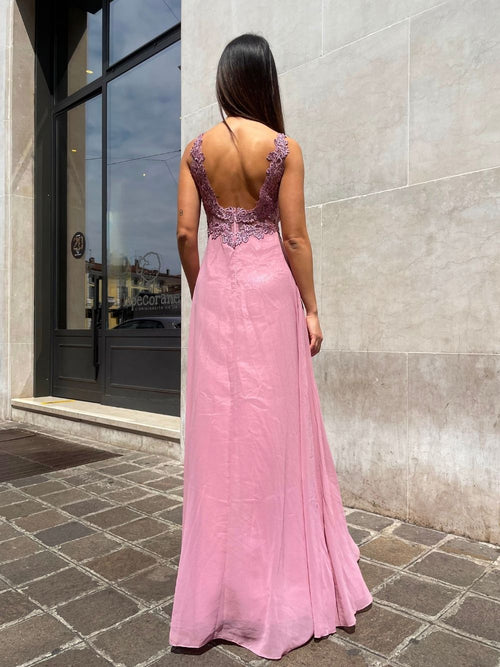 Abito cerimonia eva spacco corpetto pizzo e strass