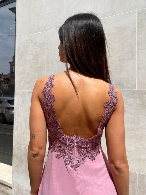Abito cerimonia eva spacco corpetto pizzo e strass