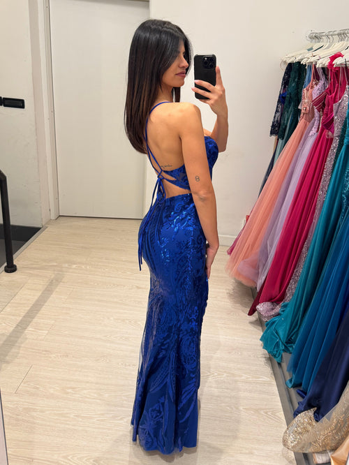 Abito cerimonia sirena damascato paillettes spacco
