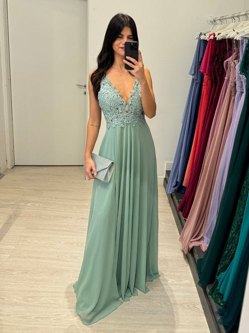 Abito cerimonia eva spacco corpetto pizzo e strass