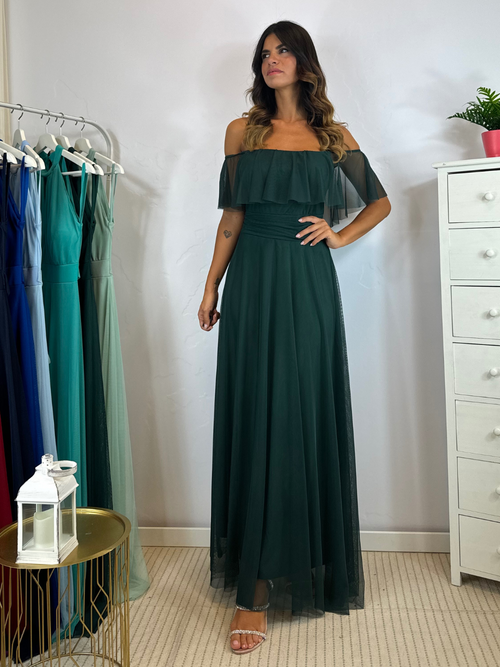 Vestito lungo tulle manica scesa volant