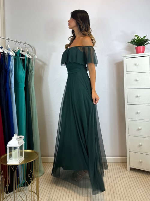 Vestito lungo tulle manica scesa volant