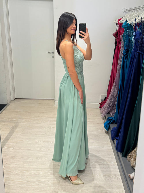 Abito cerimonia scollo americano pizzo e strass