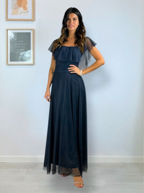 Vestito lungo tulle manica scesa volant