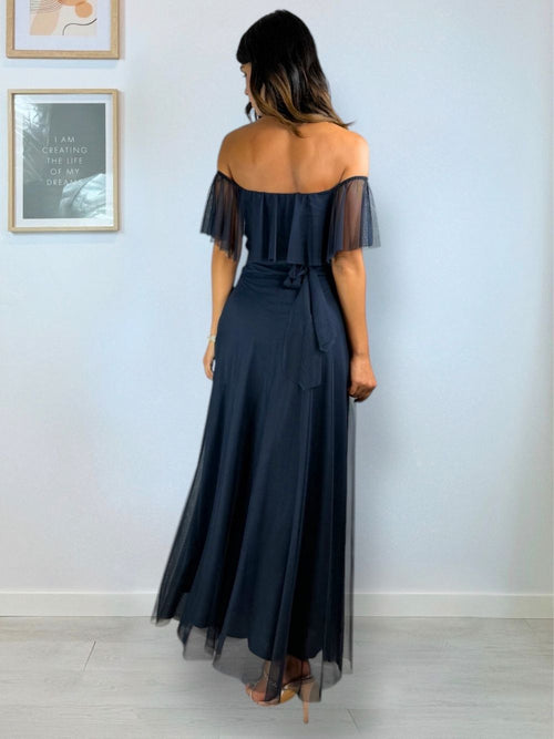 Vestito lungo tulle manica scesa volant