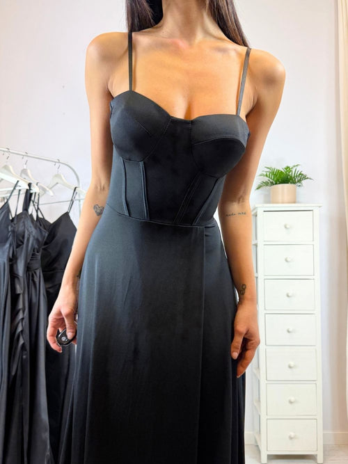 Abito cerimonia raso corsetto intrecciato dietro