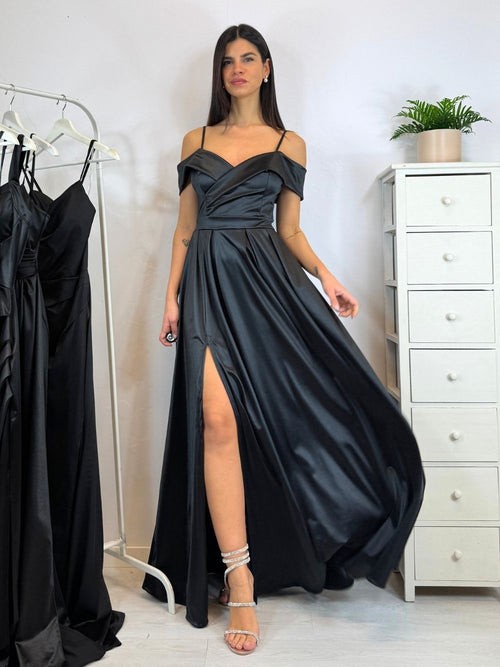 Vestito lungo raso manica scesa spacco
