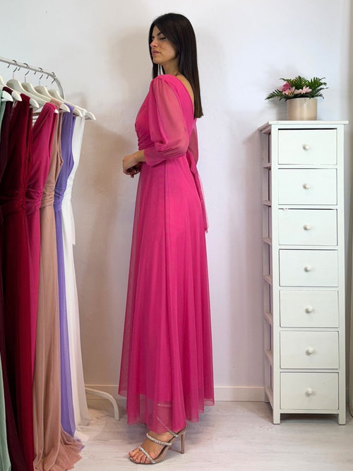 Vestito lungo cerimonia tulle con maniche