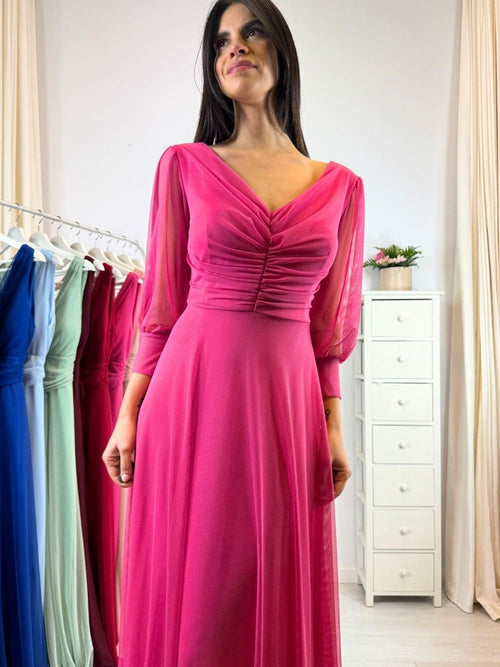 Vestito lungo cerimonia tulle con maniche