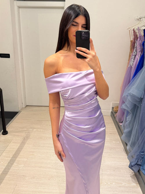Vestito sirena raso drapeggio spacco manica scesa