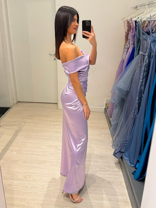 Vestito sirena raso drapeggio spacco manica scesa