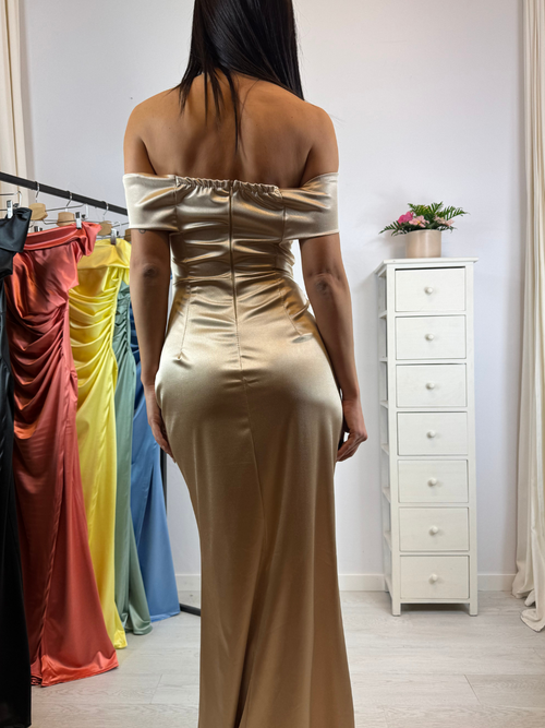 Vestito sirena raso drapeggio spacco manica scesa