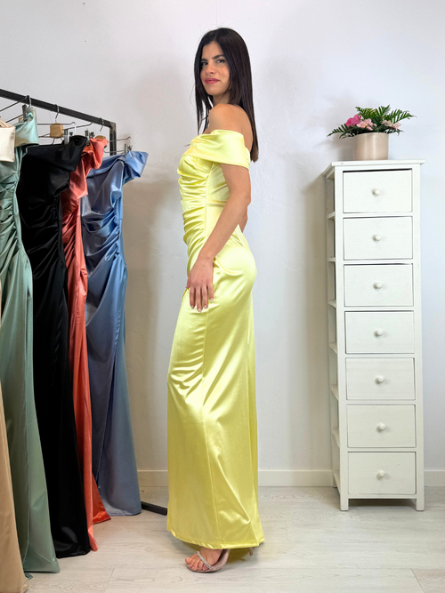 Vestito sirena raso drapeggio spacco manica scesa