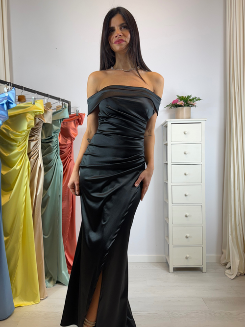 Vestito sirena raso drapeggio spacco manica scesa