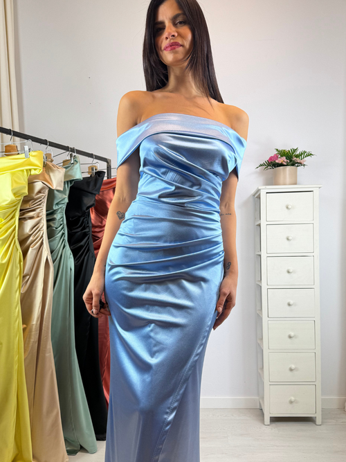 Vestito sirena raso drapeggio spacco manica scesa