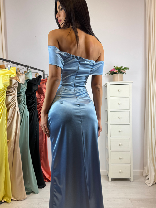 Vestito sirena raso drapeggio spacco manica scesa
