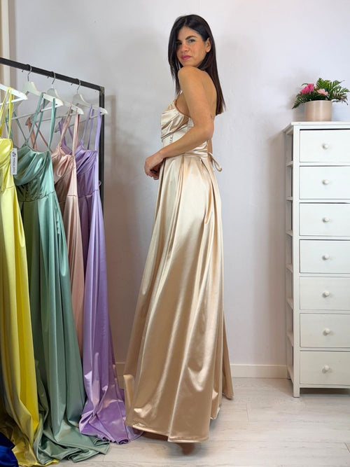 Vestito lungo raso corpetto strutturato spacco