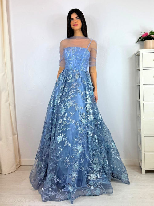 Abito cerimonia cenerentola fiori lurex tulle