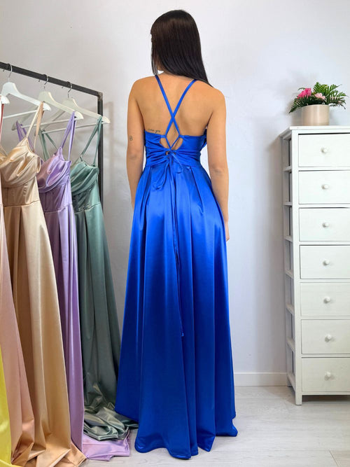 Vestito lungo raso corpetto strutturato spacco
