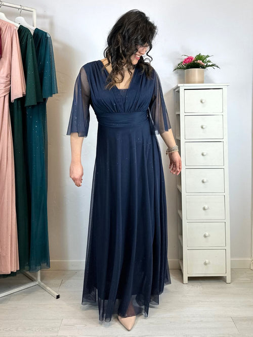 Abito cerimonia maxi tulle brilli con manica