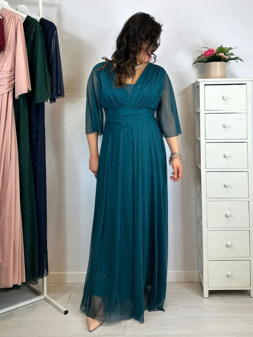 Abito cerimonia maxi tulle brilli con manica