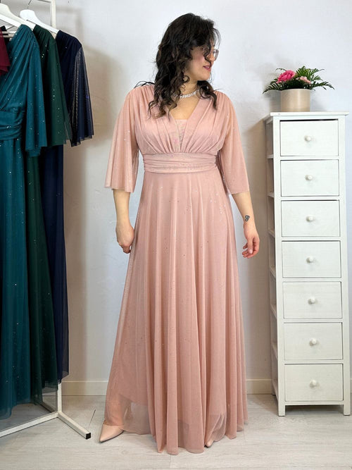 Abito cerimonia maxi tulle brilli con manica