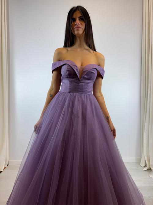 Abito cerimonia tulle billante scollo barchetta