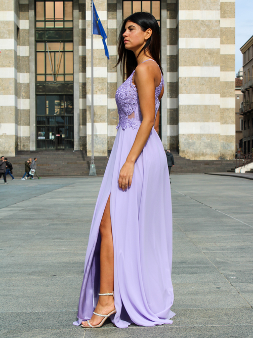 Abito cerimonia scollo americano pizzo e strass