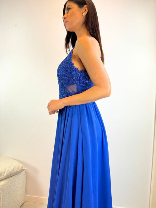 Abito cerimonia scollo americano pizzo e strass