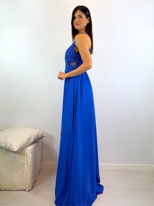 Abito cerimonia scollo americano pizzo e strass