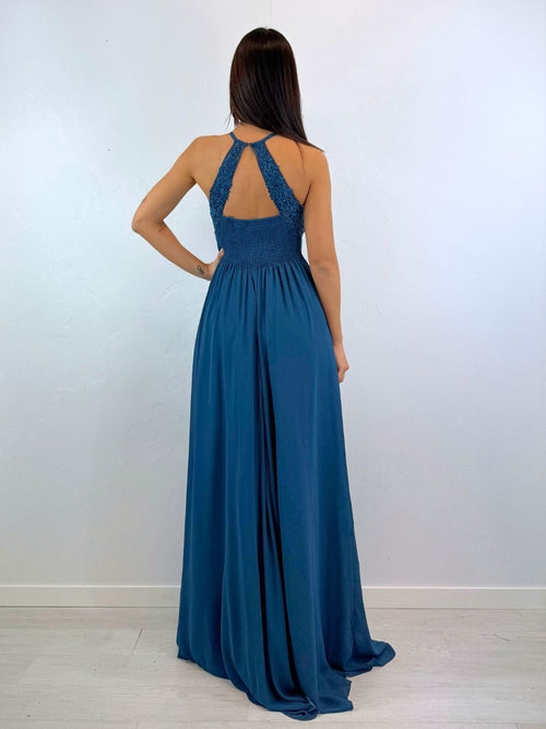 Abito cerimonia scollo americano pizzo e strass