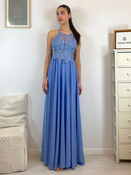 Abito cerimonia scollo americano pizzo e strass