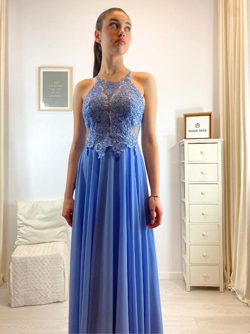 Abito cerimonia scollo americano pizzo e strass