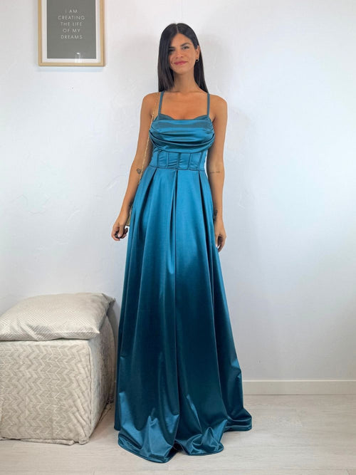 Vestito lungo raso corpetto strutturato spacco