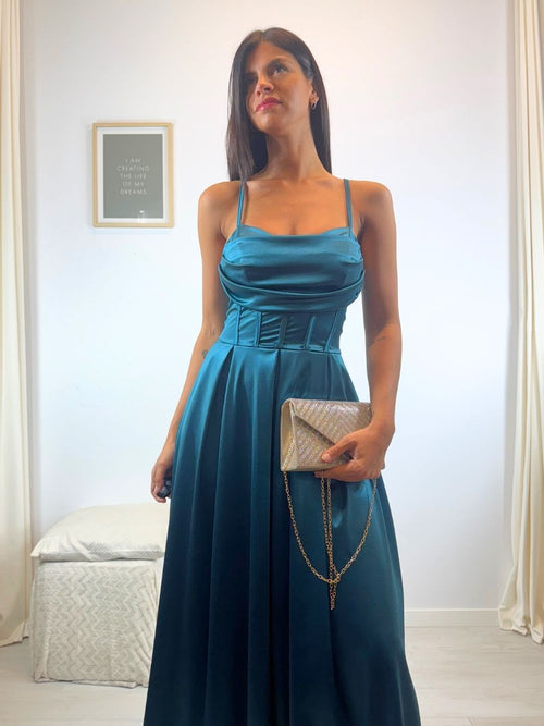 Vestito lungo raso corpetto strutturato spacco