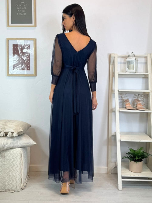 Abito cerimonia tulle scollo v con maniche