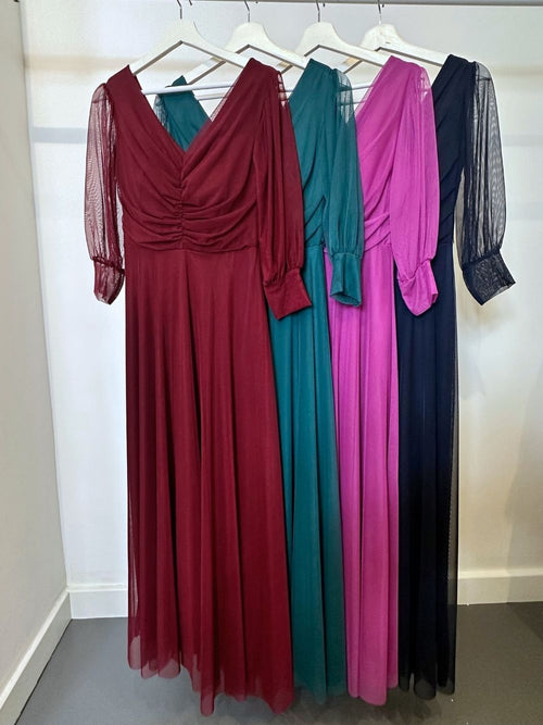 Abito cerimonia tulle scollo v con maniche