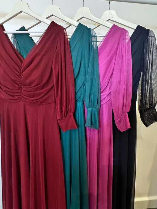 Abito cerimonia tulle scollo v con maniche