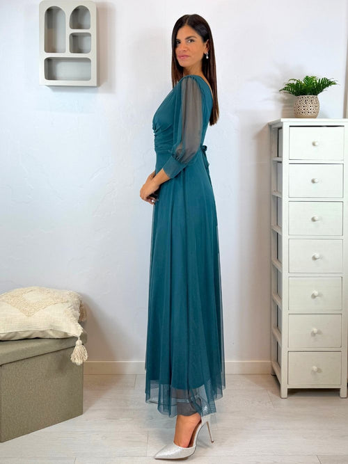 Abito cerimonia tulle scollo v con maniche
