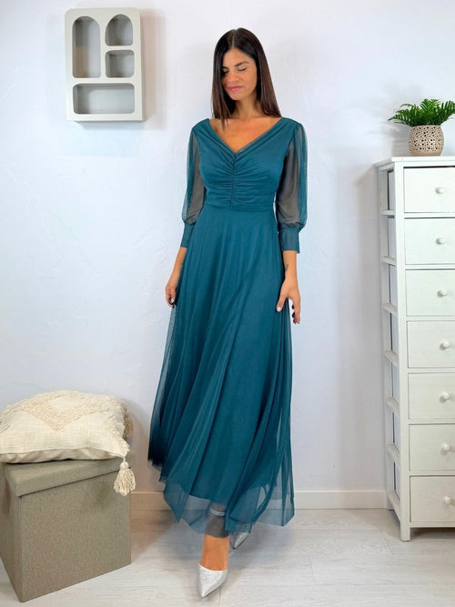 Abito cerimonia tulle scollo v con maniche